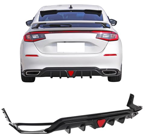 IKON MOTORSPORTS Rear Diffuser, Compatible with 2022-2024 Honda Civic Sport Touring Hatchback, IKON Carbon Fiber Print PP Shark Fin Rear Bumper Valance Spoiler, Air Dam Chin Splitter Molding 3PCS