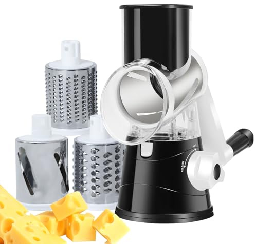 awakentti 3-in-1 Rotary Cheese Grater, Manual Cheese Grater with Handle, Strong Suction Base, Grater Slicer for Effortless Shredding Vegetables for Cheese, Carrots, Potatoes, Nuts