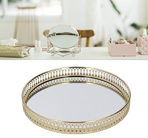 Plateau Miroir, Plateaux à Bijoux Dorés, Plateau de Maquillage Rond, Plateau de Service pour Assiettes de Fruits, Plateau de Parfum Décoratif, Grand Plateau de Rangement pour Salle de Bain et Maison