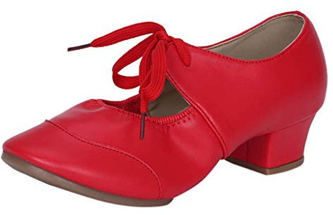 Women's Leather Tap Shoe Latin Dancing Shoes Mid Heel Character Ballroom Wedding Ballet Dance Shoe for Women (Red, 8.5)