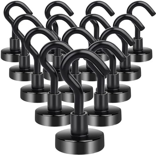 MIN CI Lot de 14 Crochets magnétiques Extra puissants 16 mm Noir Force de Traction 10 kg Aimants en néodyme Extra puissants Crochets magnétiques Ronds pour Garage, barbec