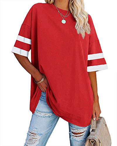 Ebifin Women's Oversized T-Shirt Round Neck Short Sleeve Tops Casual Loose Basic Summer T Shirts Blouse., plain red, L