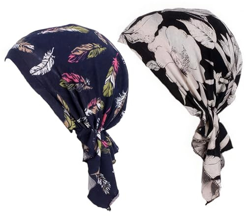 ZEACCT 2 Pièces pour Femmes pour Couvre-Chef, Foulard en Soie Élastique, Hijab Pré-Noué en Bambou Doux, pour la Chimio Contre le Cancer de la perte de Cheveux (Noir + Bleu Marine)