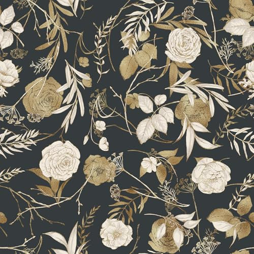 VaryFloral Papier Peint Adhesif Papier Peint Fleuri Or Rose Stickers Muraux 30.5cmx300cm Decoration Murale Noir et Or Botanique Rouleau Adhesif Decoratif Film Autocollant Meuble Salon