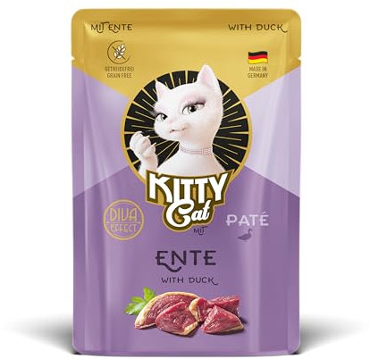 KITTY Cat Paté Ente, 48 x 85 g (Großpackung), Nassfutter für Katzen, getreidefreies Katzenfutter mit Taurin und Lachsöl, Alleinfuttermittel mit hohem Fleischanteil, Made in Germany