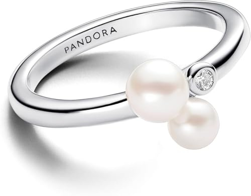 PANDORA Timeless Anello, in argento Sterling con perla coltivata d'acqua dolce trattata bianca e zirconia cubica trasparente, 54