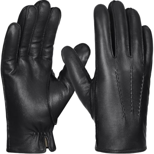 GSG SINCE 1998 Herren Lederhandschuhe Winter – Chromfrei gegerbtes Lammleder, Touchscreen, Gefüttert mit Recycling-Kunstfell, Winterhandschuhe für Auto & Alltag Schwarz L
