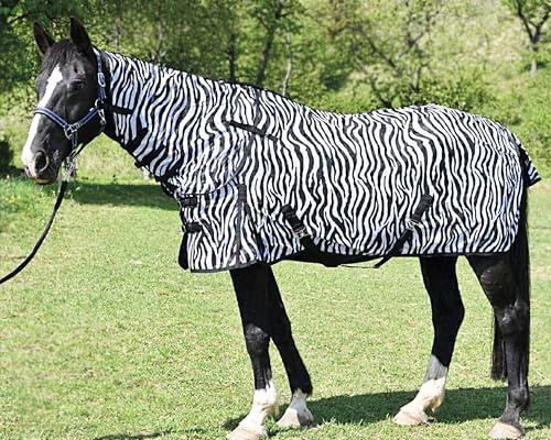 Brama-West - Fliegendecke Pferd Comfort Zebra | Zebrafliegendecke | mit Halsteil & Schweiflatz | Zebraprint | Gr. 115