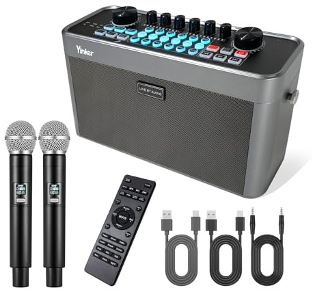 Yinker Karaoke Maschine mit 2 Kabellose Mikrofones Audio Mixer Tragbarer Bluetooth Karaoke Lautsprecher, Live Sound Karte mit Bass/Höhen/Sound Effekte/OTG/AUX