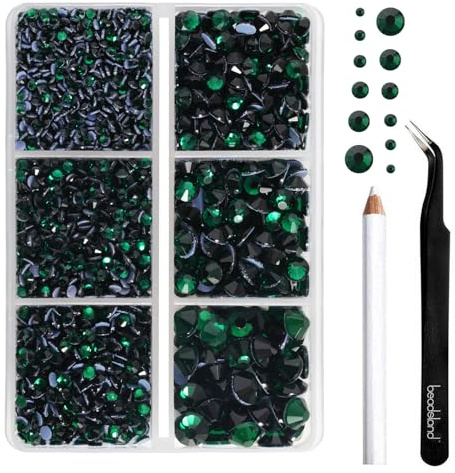 Beadsland Hotfix Strasssteine Set,Smaragdgrün,6 Größen gemischt,4000 Stk | Grün Strasssteine für Textilien,SS6-SS30,Glasmaterial,für Kleidung,Kunsthandwerk,mit Wachsstift und Pinzette