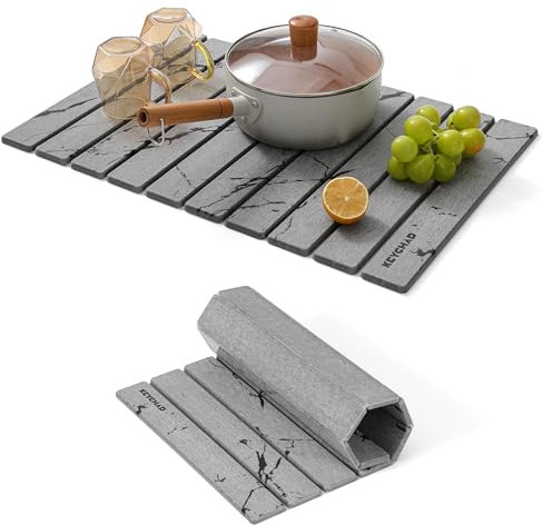 KEYCHAD Grand tapis de séchage en pierre pour comptoir de cuisine – 61 x 40,6 cm – Tapis de séchage pliable à séchage rapide – Tapis de terre de diatomée super absorbant – Tapis de séchage pour