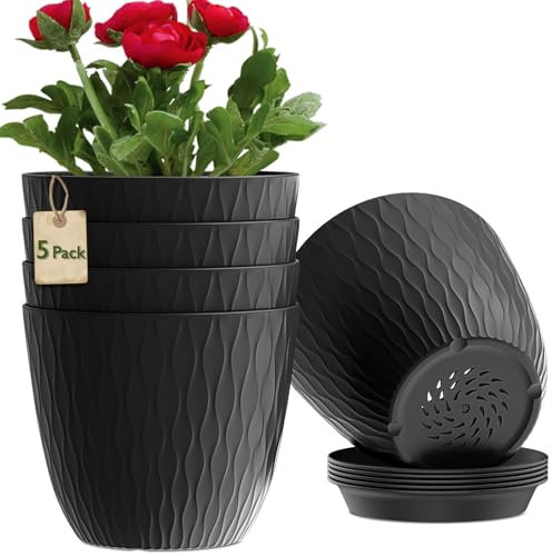 MUAEEOK 18CM 5 Pack Plant Pots Indoor Stripe Grooves Plastic Flower Pots with Drainage Holes and Tray, Modern Decorative Planter Pot for All House Plants (Black, 18CM)