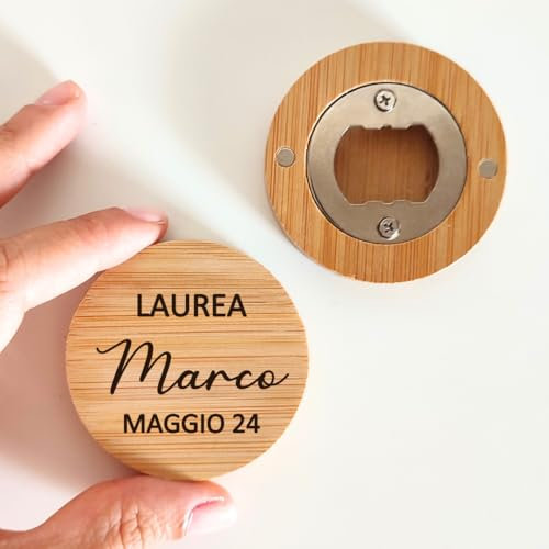 Apribottiglie magnetico in bambù personalizzabile, apribottiglie rotondo, regalo originale, utile, bomboniera (5 Pezzi)