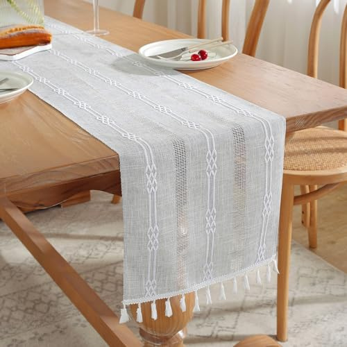 EOAMGO Tischläufer, 160x32 cm Landhausstil Quasten Baumwolle und Hanf Tischläufer, Tischläufer Modern Tischdecke Abwaschbar für Hochzeitsdeko, Tischdeko, Boho Deko, Parties, Weihnachten (Grau)