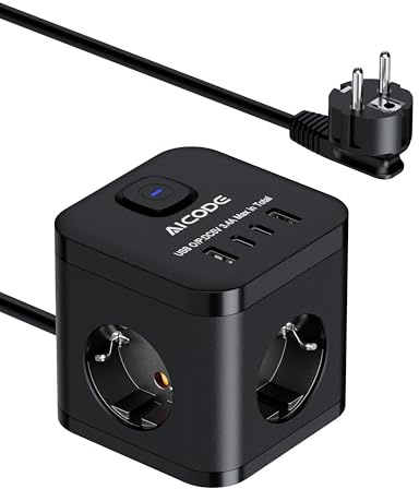 AICODE Steckdosenwürfel 7-in-1 Mehrfachsteckdose mit USB C,2m Kable,Schwarz | 3 Fach Steckdosenleiste mit 4 USB (2xUSB-C), Energiesparschalter,Kindersicherung, Kompakte Für Zuhause Büro Und Reise