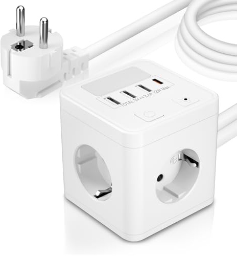 Grenuttag med USB C, 4-Vägs Uttagskub med 1 USB C och 3 USBA, överspänningsskydd Flera Uttag Kub med Nattlampa, Flera Uttag Strömlista med Strömbrytare för Hemmakontor, 1,5 m Kabel, Vit