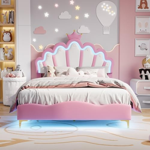BursDany Lit Enfant Rembourré 140x200 cm avec LED pour Fille Adolescent- Tête de Lit Réglable en Hauteur, Sommier à Lattes, Design Couronne de Princesse en PU Rose (sans Matelas)