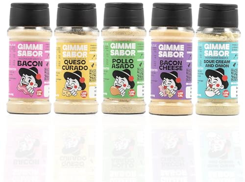 Gimme Sabor Pack Sazonadores Básicos, sabor Bacon, Queso Curado, Pollo Asado, Sour Cream and Onion y Bacon con Queso, Sin alérgenos, sin gluten