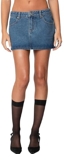 SANSIWU Women Denim Mini Skirts Summer Casual Solid Color Low Rise Button Up Slim Fit Jean Skirt Vintage Bodycon Wrap Skirt Streetwear (Dark Blue A, L)