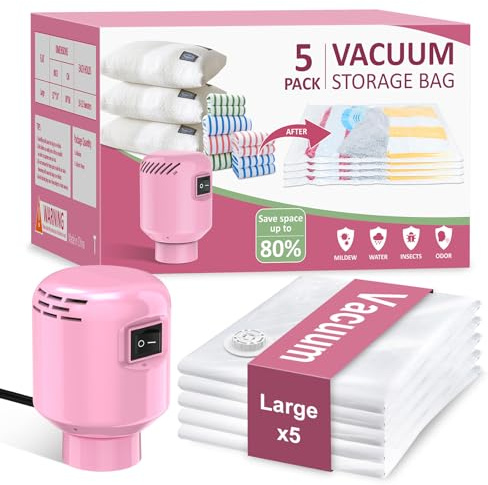 Set Sacchetti Sottovuoto Vestiti con Pompa (5 pz: 80x60cm). I Sacchetti Sottovuoto Vestiti Piccoli compattano abiti da viaggio e capi leggeri. Organizzazione Facile e Immediata