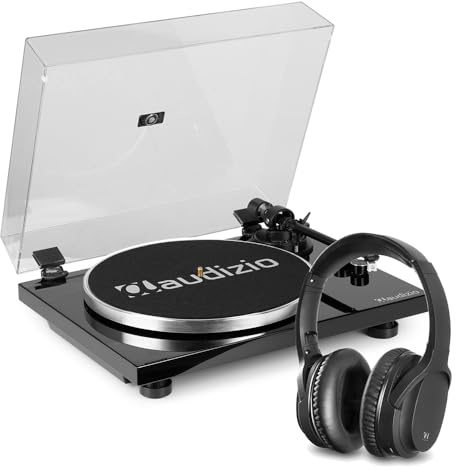 Audizio Toledo Hi-Fi Bluetooth Record Player, Vinyl Turntable with Wireless Bluetooth Headphones, AT3600 cartridge, Adjustable Tonearm and Pitch Control, Two-Speed Selection – Black