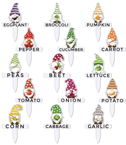 arricraft 15 Pcs Gnome Plant Markers, 15 Styles Vegetables Name Plants Tags Funny Garden Labels Acrylic T Type Plant Labels for Vegetables Seedling Potted Garden Stake Sign 10.2x6.8cm(4x2.68inch)