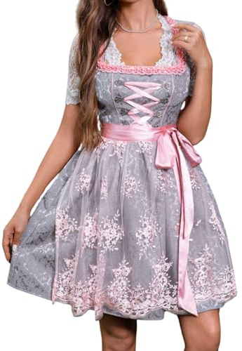 PLWEDDING Dirndl für Damen Silbergraues 3 Teilig Damen Midi Trachtenkleid Silbernes Dirndl Rosa Spitzenschürze und Bluse für Oktoberfest Besondere Anlässe(L)