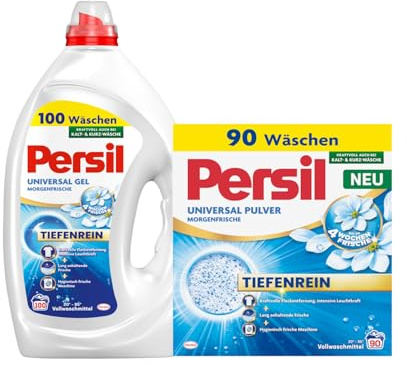 PERSIL Universal Pulver Morgenfrische 90 WL 4,95 kg + PERSIL Universal Kraft-Gel Morgenfrische 100 WL 4,5 L – Waschmittel Set für extra saubere & frisch duftende Wäsche