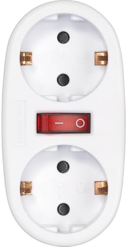 Simon – Adaptador con Interruptor 2 Tomas Frontales 16A (250V, 3680W), Enchufe Múltiple Compacto con Control On/Off para Mayor Seguridad y Ahorro Energético, Color Blanco