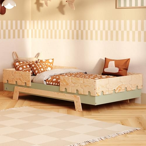 smartwood Kinderbett 90x200 cm mit Lattenrost, Holz, Grün, Puzzle BR2 | Montessori Bett 6in1, 2x Rausfallschutz, 230kg Belastbar, FSC Kiefernholz, abgerundete Kanten, Einfache Montage, ab 3 Jahren