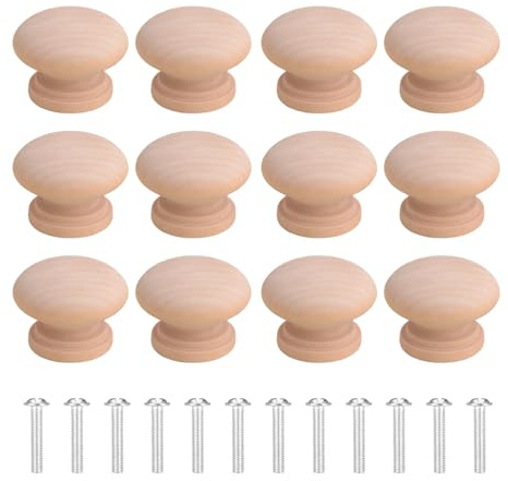 Onperpoe 12 Piece Kitchen Cupboard Handles Set Round Wooden Drawer Knobs Mushroom Small Door Knobs with Matching Screws for Cupboards, Wardrobe, Cabinet, Drawer, Kitchen