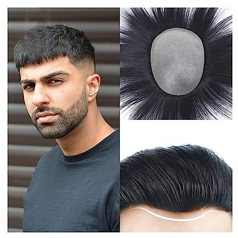 Für Männer Toupet for Männer, dünne Haut, V-förmige PU-Basis, Haarteile for , glattes Echthaar, Herren-Toupet, natürliches schwarzes Haarersatzsystem Perückenkopf(16x22cm)