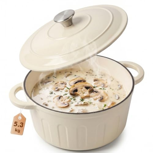 LZDMY Gusseisen Topf Brot Backen 6 Liter 26 CM, Backofenfest bis 300°C | Premium Schmortopf für Induktion, Bräter aus Gusseisen Ideal zum Brot Backen & Schmoren, Brotbacktopf mit Deckel Weiß 5,3 KG