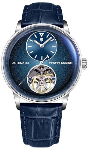 Pagani Design PD1796 Orologio automatico da uomo, cinturino in pelle, impermeabile, con cristallo zaffiro, alla moda, con tourbillon, orologio meccanico, Blu, Classico