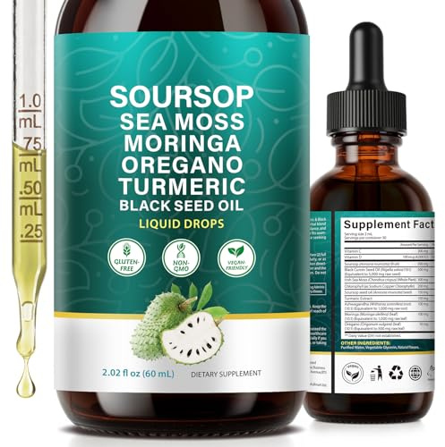 Soursop Bitters Liquid Drops, 10-in-1 with Sea Moss, Moringa, Turmeric, Black Seed Oil, Oregano, Ashwagandha Extract, Supports Immune & Digestive Wellness, Rich in Vitamin D& C, Vegan, 2.02 Fl Oz