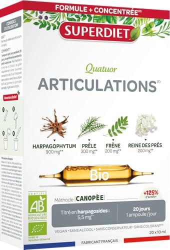 Articulations - Harpagophytum, Prêle, Cassis, Frêne - Bio - Ampoules | Cure 20 ampoules de 10ml - Confort articulaire, souplesse, mobilité -Fabrication française –Vegan–Superdiet