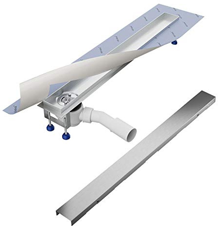 Aquabad Duschrinne SDS Pro 70 cm, gebürtseter Edelstahl inkl. Haarsieb, Abgang seitlich waagerecht, Blende BORD, linearer Bodenablauf, Komplettset