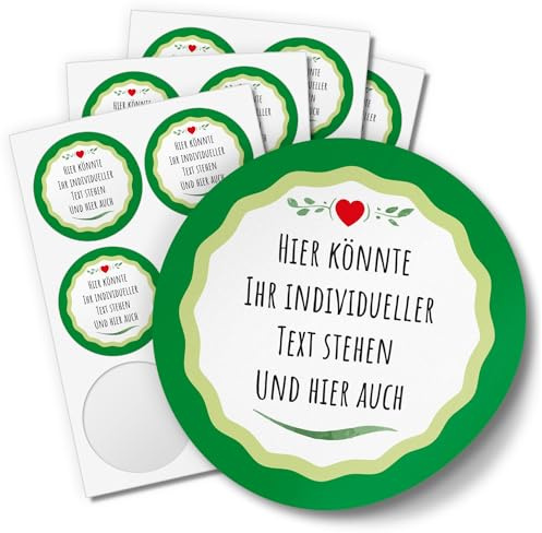 24 INDIVIDUELLE runde Etiketten SELBER GESTALTEN: Grün mit Herz rot - Aufkleber für Hochzeit, Taufe, Muttertag, Valentinstag, Produkte, Ostern, Weihnachten, Kommunion, Konfirmation, Geburtstag