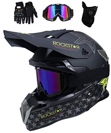 MRDEAR Motocross Helm mit Brille (4 Stück/ Rockstar) Downhill Helm Motorrad Crosshelm Herren Damen Cross Fullface MTB Helm Mopedhelm Motorradhelm für Sicherheit Schutz, 3 Arten,A,XL