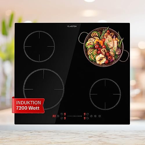 Klarstein Plaque Induction Encastrable de 7200W, Table de Cuisson Induction, Plaque 4 Feux, de Cuisson avec Contrôle Tactile, Tables de Electrique 4 Foyers, Plaques