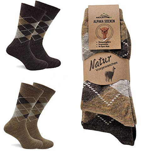 MOUNTREX® Calcetines de Alpaca y Lana para Hombre y Mujer - Térmicos de Invierno, Cálidos, Finos, de Peluche - 2 Pares, Beige/Marrón-Cuadros