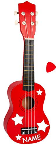 alles-meine.de GmbH Kinder - Gitarre/Ukulele - aus Holz - Motiv & Farbwahl - rot & Sterne weiß - inkl. Name - hochwertige Konzertgitarre - 55 cm - Klassik - akustische - Kinder..