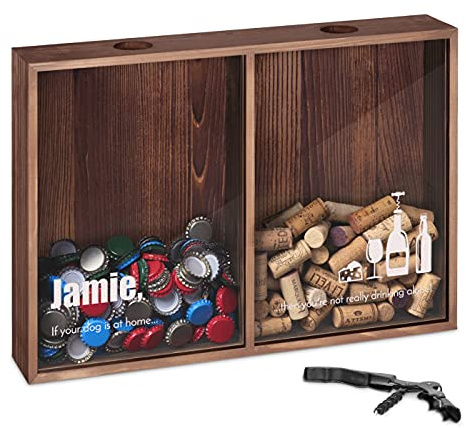 Maverton Cork & Bottle Caps Collector, Bottles | Mounted Wooden Box with a Transparent lid, Corkscrew and Bottle Opener Attached, Personalised Gift for Men and Women