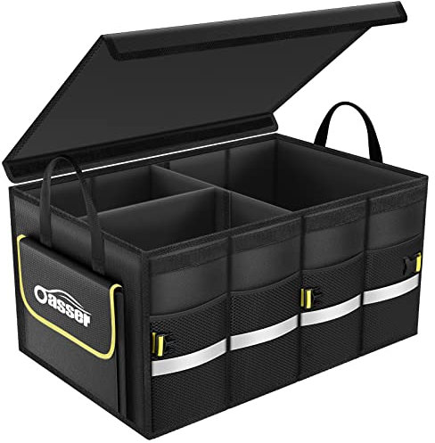 Oasser Car Boot Organiser Storage, Collapsible Waterproof Durable Multi Compartments Boot Organisers with Foldable Cover Reflective Strip (E3A)