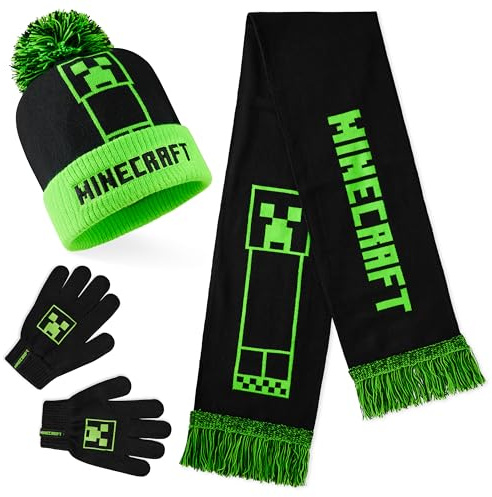 MINECRAFT Berretto Invernale Bambino Set con Cappello e Guanti o Cappellino, Guanti con Sciarpa, Creeper Regalo Ragazzo (4-7 Anni, Verde/Nero Creeper, 3 Pezzi)