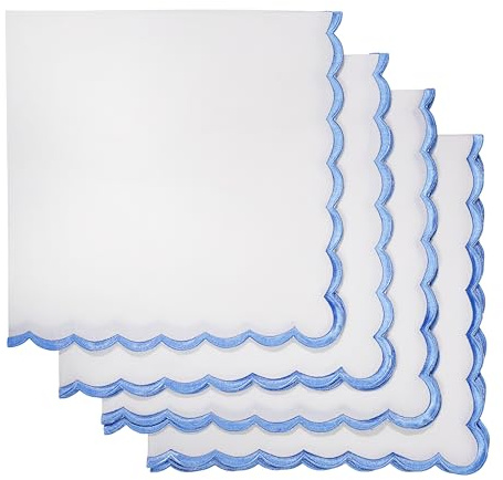 Ridhi Cloth Napkins 100% Pure Cotton Farmhouse Wedding Dinner Napkins Gift for Spring, Easter, Valentine, Holiday, Everyday Napkin (4-18 x 18 Dinner Napkin, White with Blue Edge)