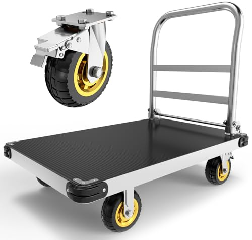 PHEXOD Extra Large Platform Truck Cart, 44 x 28 Heavy Duty Push Cart Dolly 2500 LBS Capacity, Flat Cart with Non-Slip Mat and 6 Swivel Brake Wheels