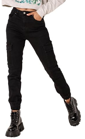 Nina Carter P219 Jeans cargo da donna a vita alta, vestibilità rilassata, pantaloni in denim con orli elastici, effetto usato, XXL