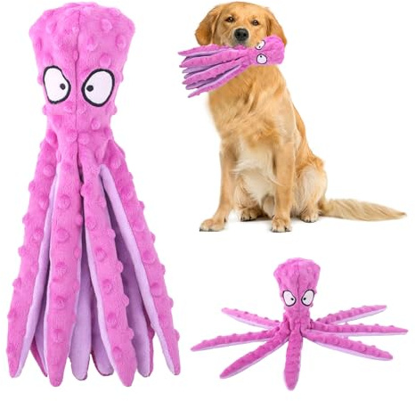 GWAWG Mjuk leksak för hund, bläckfisk hundleksaker, ingen fyllning pipande hundleksaker interaktiv bläckfisk hund tuggleksaker med skrynkligt papper för små medelstora hundar som leker och träning