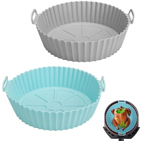 GUOYOU 2 Pièces Moule Silicone Air Fryer Accessoire, 21cm Panier Moule pour Friteuse à Air Chaud Réutilisable Airfryer Pot Plat Rond Doublure Liner, pour Friteuse Air, Micro-ondes, Four